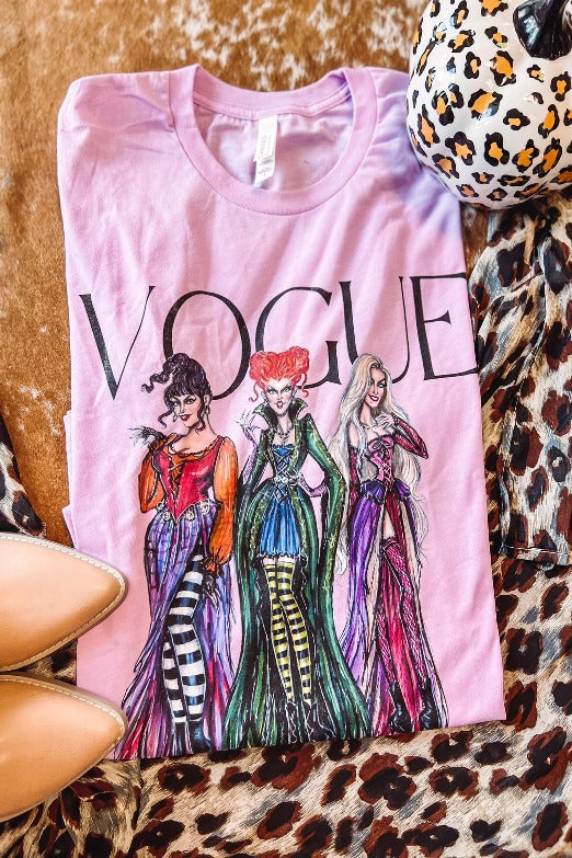 a purple shirt with the characters from the hocus pocus movie sylized like models from vogue